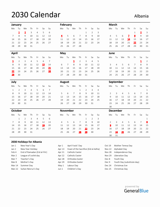 Standard Holiday Calendar for 2030 with Albania Holidays 
