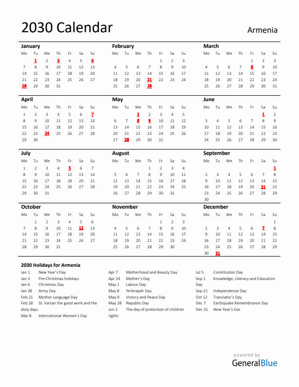 Standard Holiday Calendar for 2030 with Armenia Holidays 