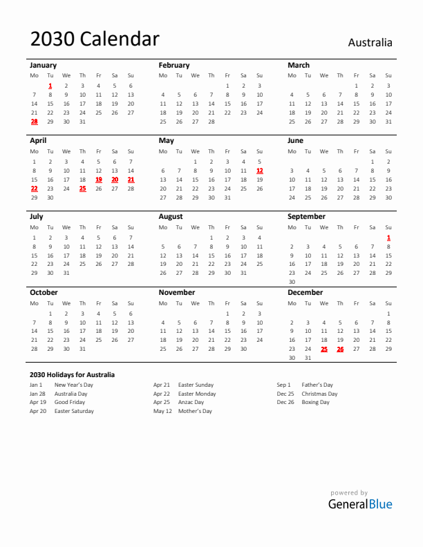 Standard Holiday Calendar for 2030 with Australia Holidays 