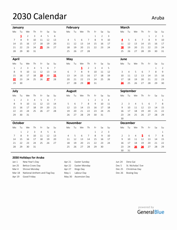Standard Holiday Calendar for 2030 with Aruba Holidays 