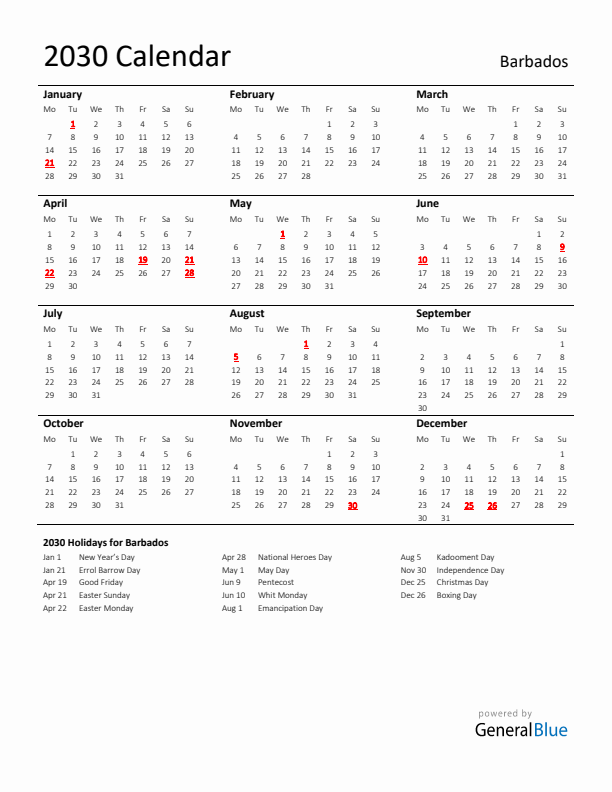 Standard Holiday Calendar for 2030 with Barbados Holidays 