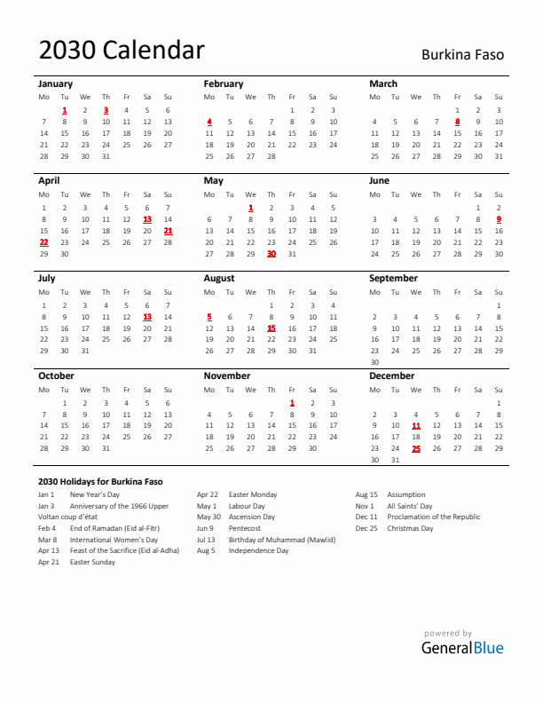 Standard Holiday Calendar for 2030 with Burkina Faso Holidays 