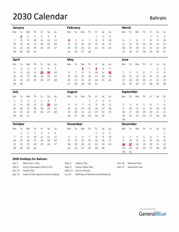 Standard Holiday Calendar for 2030 with Bahrain Holidays 