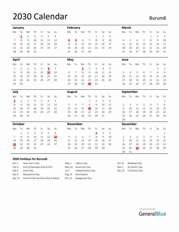 Standard Holiday Calendar for 2030 with Burundi Holidays 