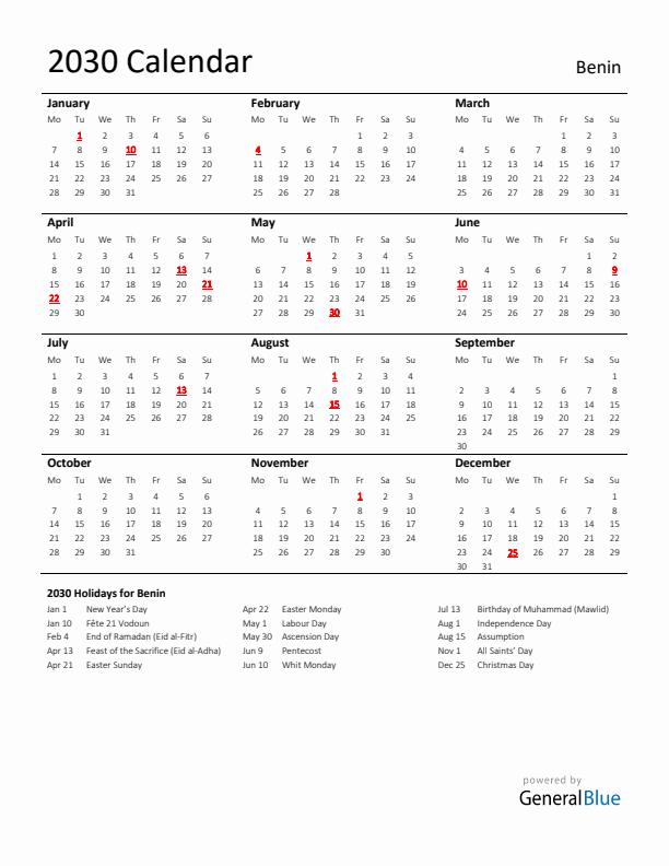 Standard Holiday Calendar for 2030 with Benin Holidays 