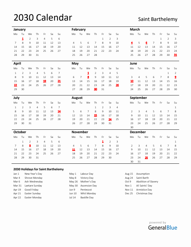 Standard Holiday Calendar for 2030 with Saint Barthelemy Holidays 