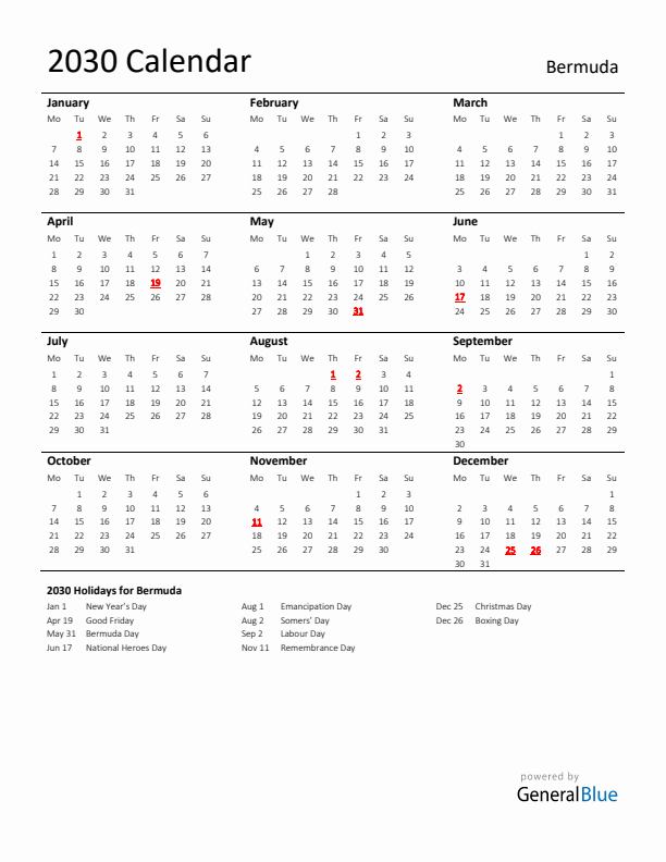 Standard Holiday Calendar for 2030 with Bermuda Holidays 