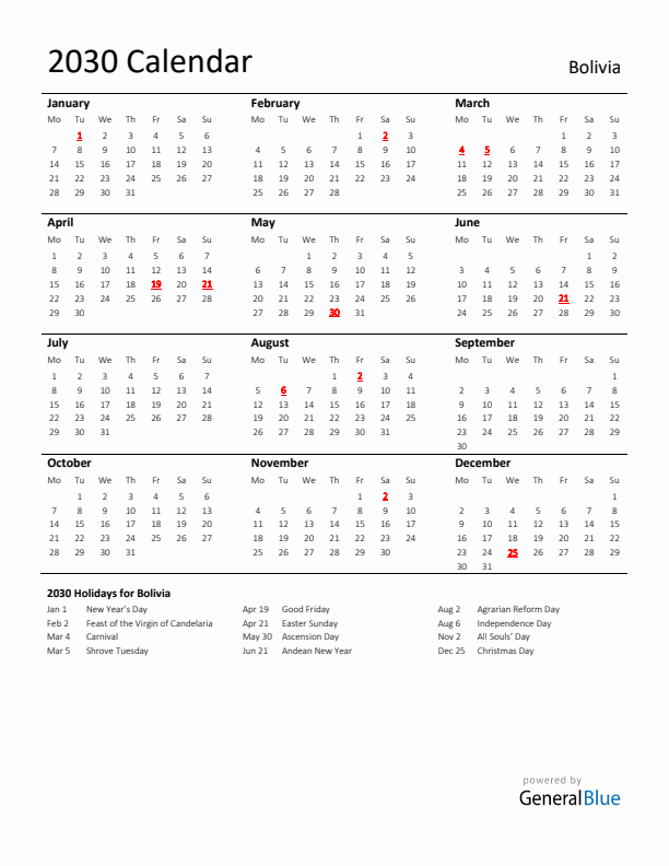 Standard Holiday Calendar for 2030 with Bolivia Holidays 