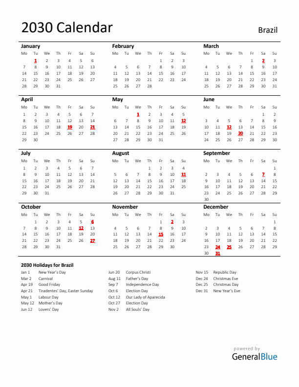 Standard Holiday Calendar for 2030 with Brazil Holidays 