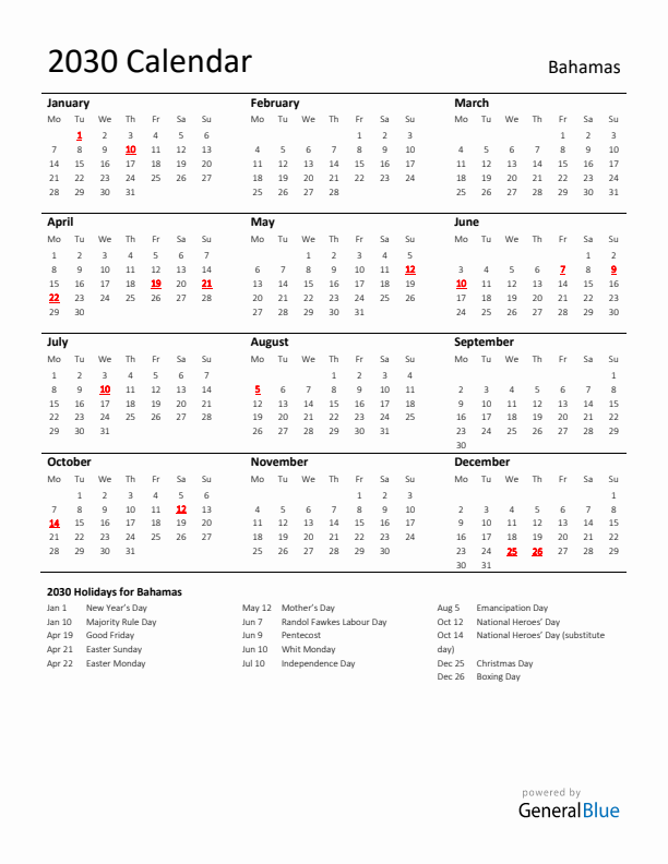 Standard Holiday Calendar for 2030 with Bahamas Holidays 