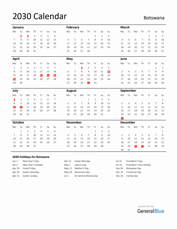 Standard Holiday Calendar for 2030 with Botswana Holidays 