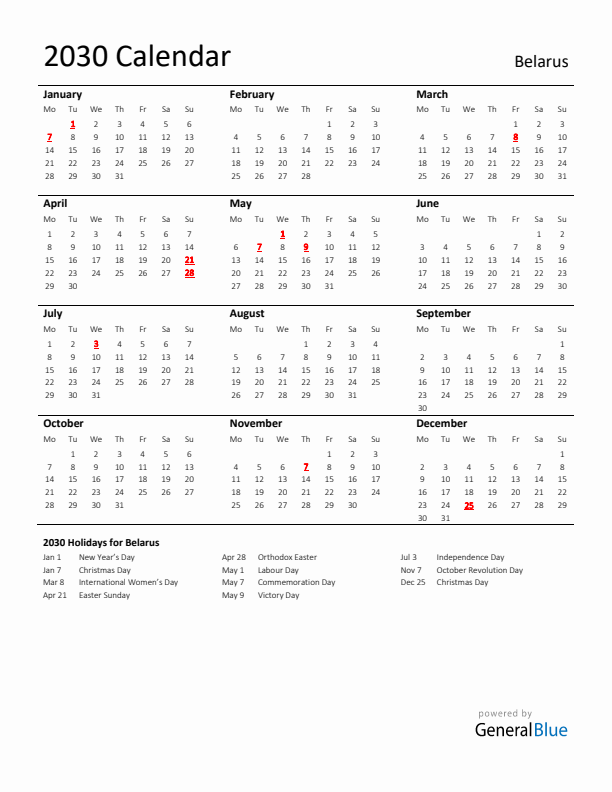 Standard Holiday Calendar for 2030 with Belarus Holidays 