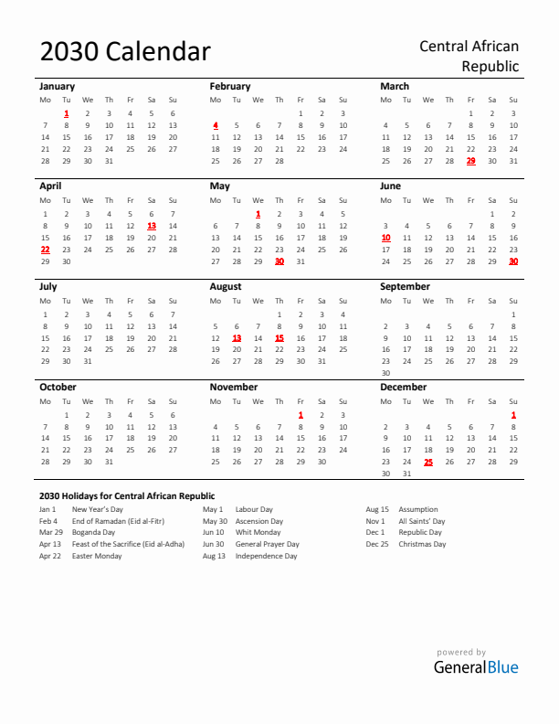 Standard Holiday Calendar for 2030 with Central African Republic Holidays 