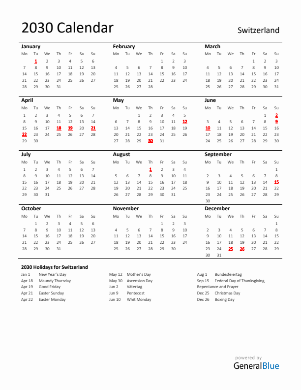 Standard Holiday Calendar for 2030 with Switzerland Holidays 
