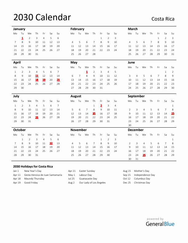 Standard Holiday Calendar for 2030 with Costa Rica Holidays 
