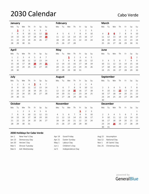 Standard Holiday Calendar for 2030 with Cabo Verde Holidays 