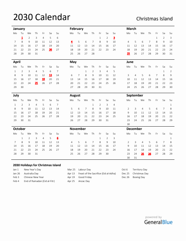 Standard Holiday Calendar for 2030 with Christmas Island Holidays 