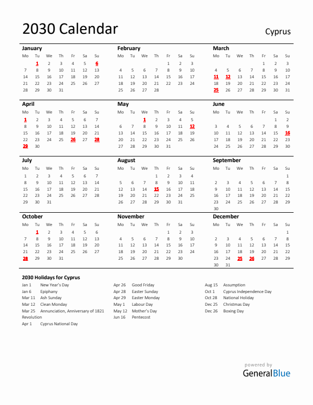 Standard Holiday Calendar for 2030 with Cyprus Holidays 