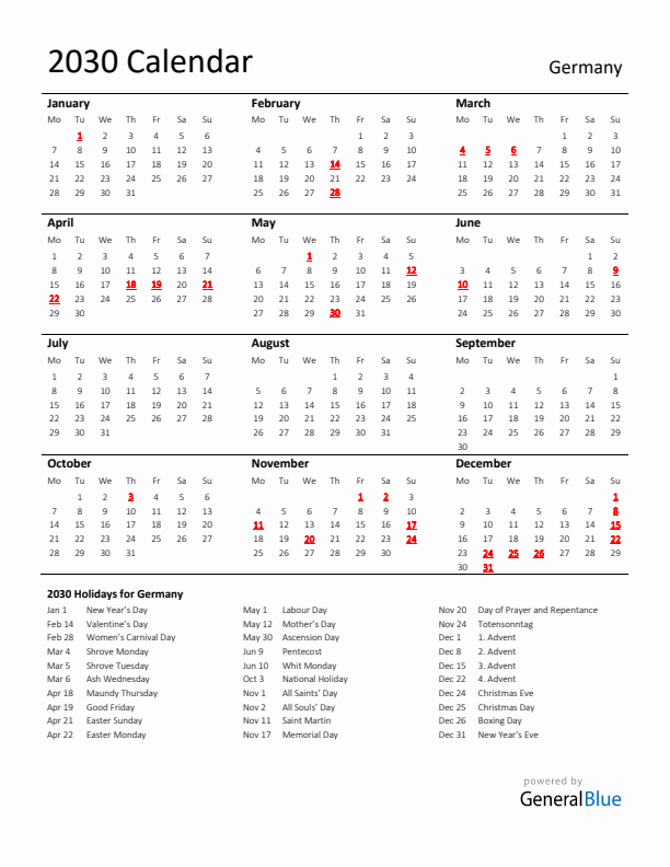 Standard Holiday Calendar for 2030 with Germany Holidays 