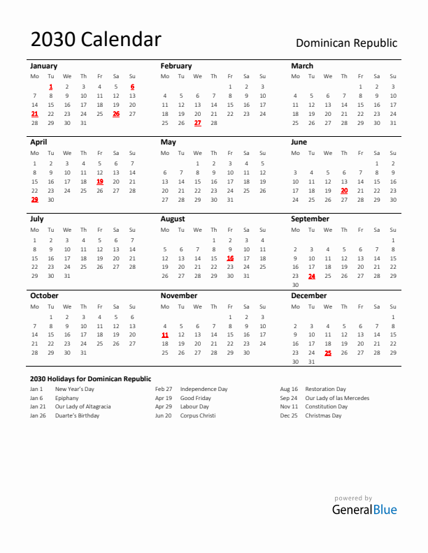 Standard Holiday Calendar for 2030 with Dominican Republic Holidays 
