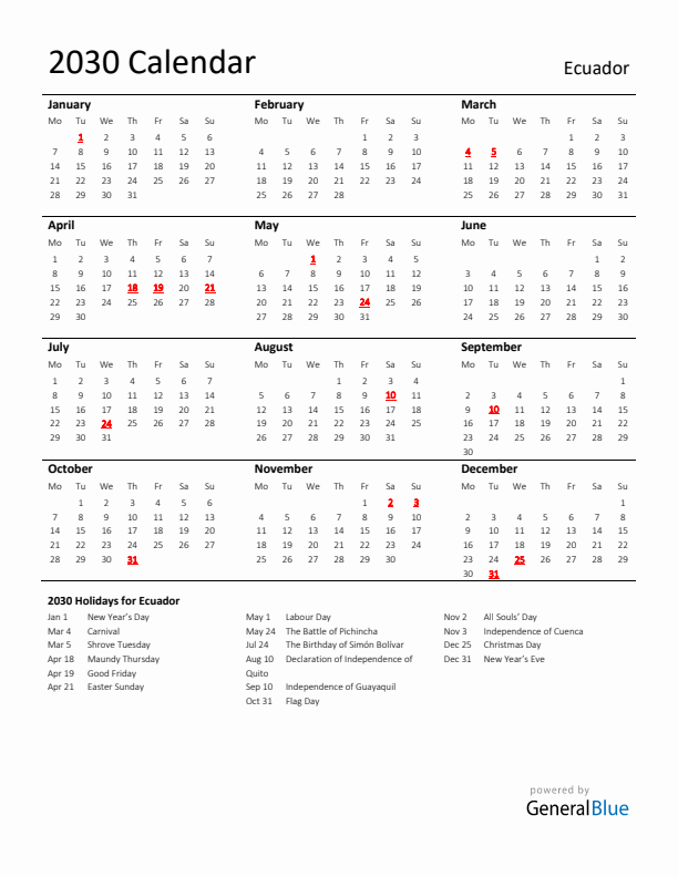 Standard Holiday Calendar for 2030 with Ecuador Holidays 