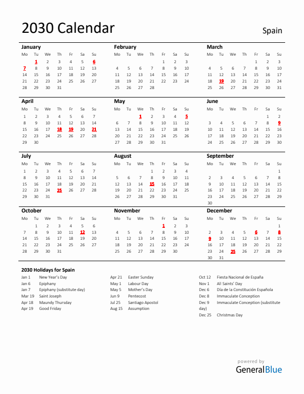Standard Holiday Calendar for 2030 with Spain Holidays 