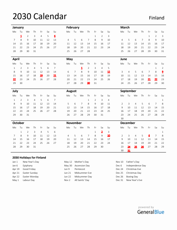 Standard Holiday Calendar for 2030 with Finland Holidays 