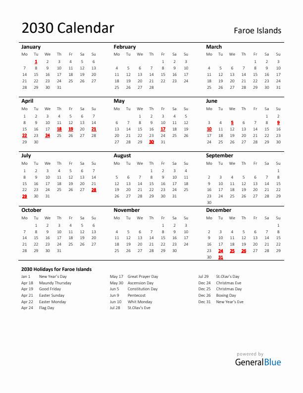 Standard Holiday Calendar for 2030 with Faroe Islands Holidays 