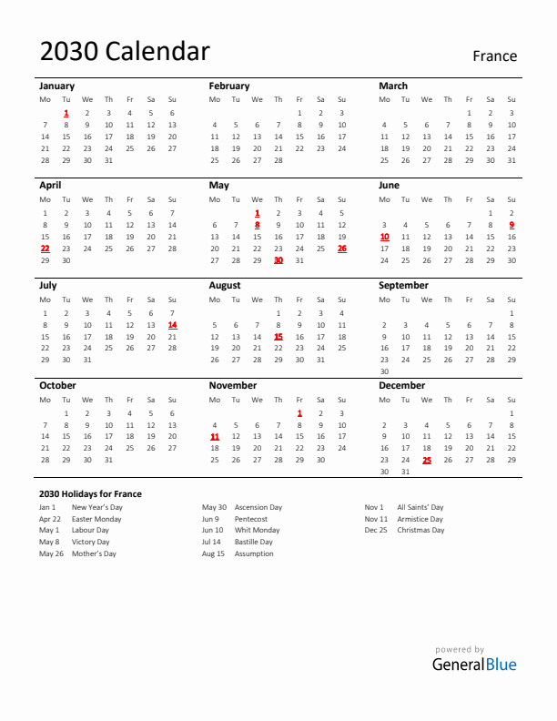 Standard Holiday Calendar for 2030 with France Holidays 