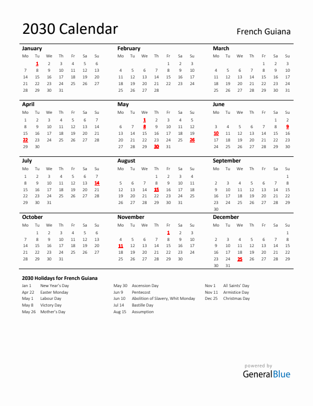 Standard Holiday Calendar for 2030 with French Guiana Holidays 