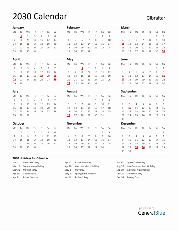 Standard Holiday Calendar for 2030 with Gibraltar Holidays 