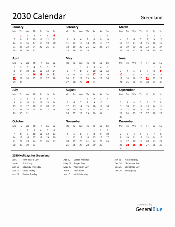Standard Holiday Calendar for 2030 with Greenland Holidays 
