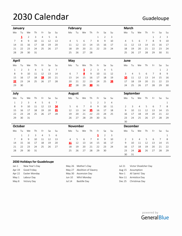 Standard Holiday Calendar for 2030 with Guadeloupe Holidays 