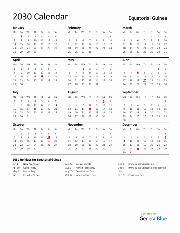 Standard Holiday Calendar for 2030 with Equatorial Guinea Holidays 