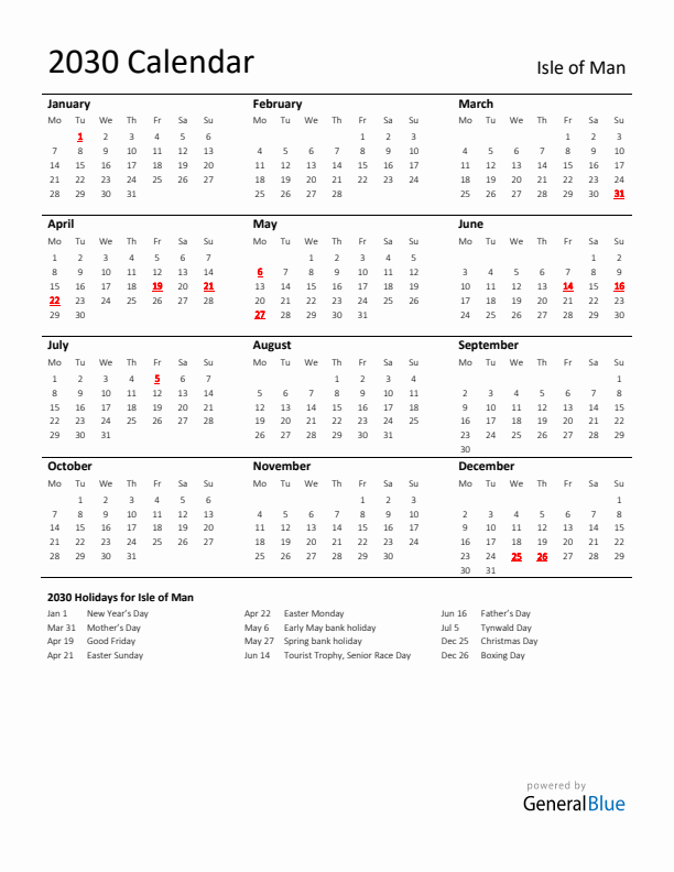 Standard Holiday Calendar for 2030 with Isle of Man Holidays 