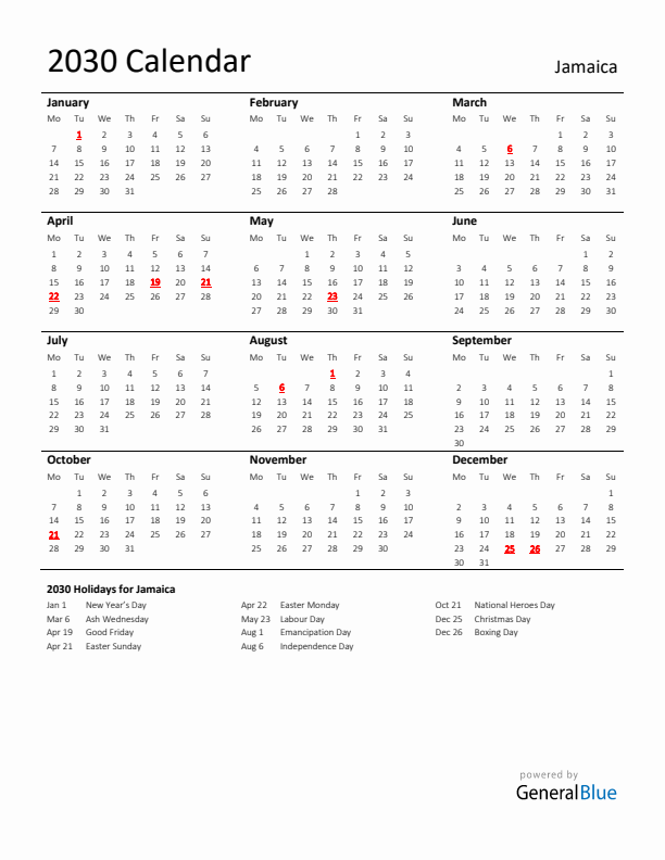 Standard Holiday Calendar for 2030 with Jamaica Holidays 
