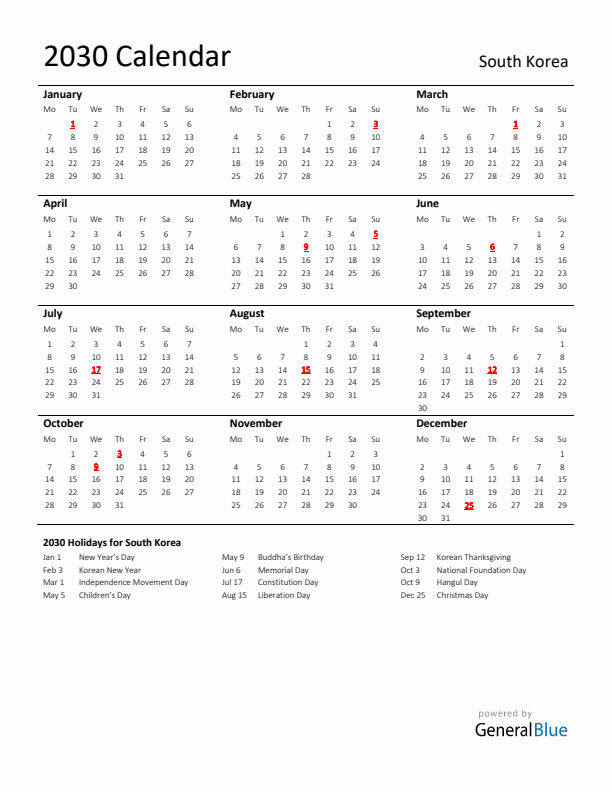 Standard Holiday Calendar for 2030 with South Korea Holidays 