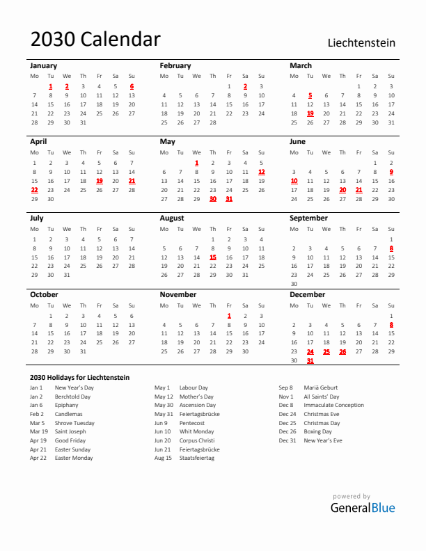 Standard Holiday Calendar for 2030 with Liechtenstein Holidays 
