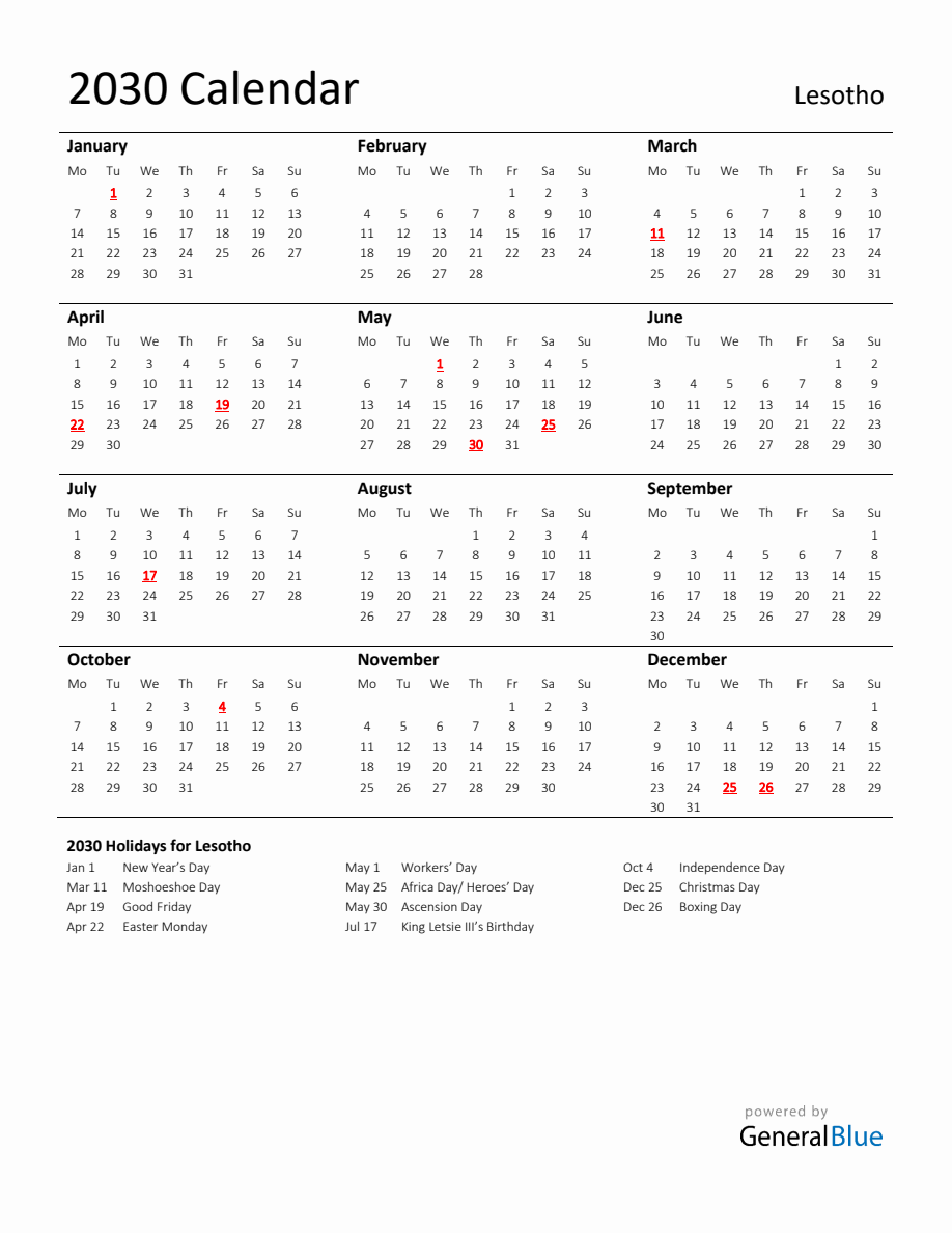 Standard Holiday Calendar for 2030 with Lesotho Holidays