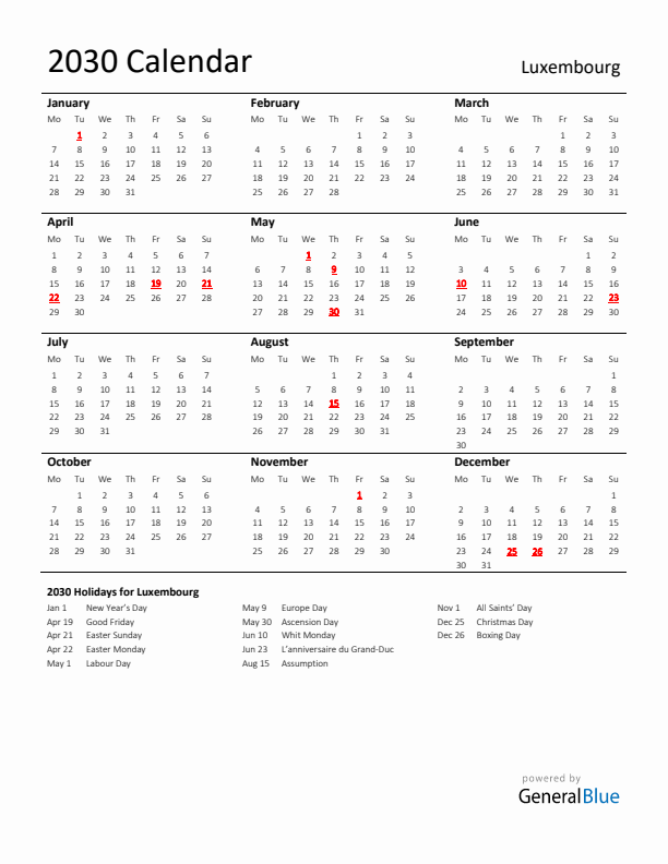 Standard Holiday Calendar for 2030 with Luxembourg Holidays 