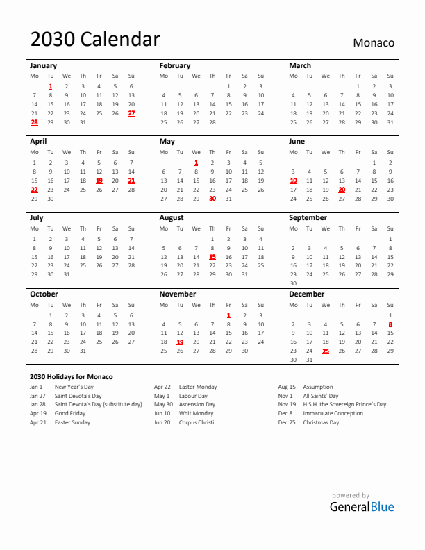 Standard Holiday Calendar for 2030 with Monaco Holidays 