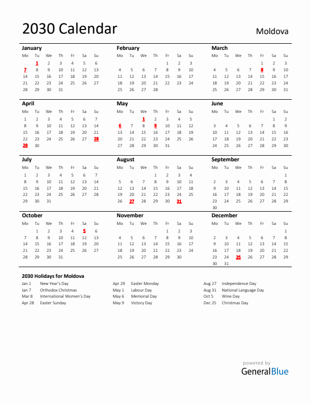 Standard Holiday Calendar for 2030 with Moldova Holidays 