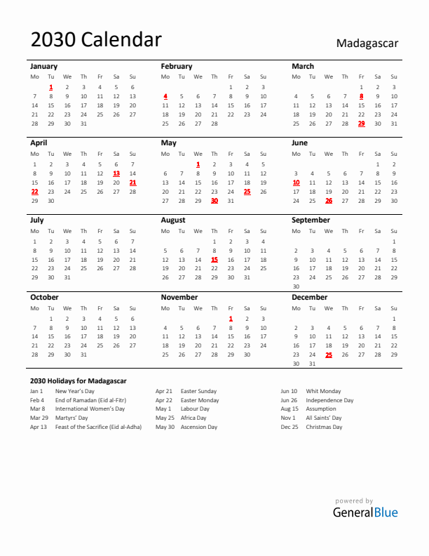 Standard Holiday Calendar for 2030 with Madagascar Holidays 