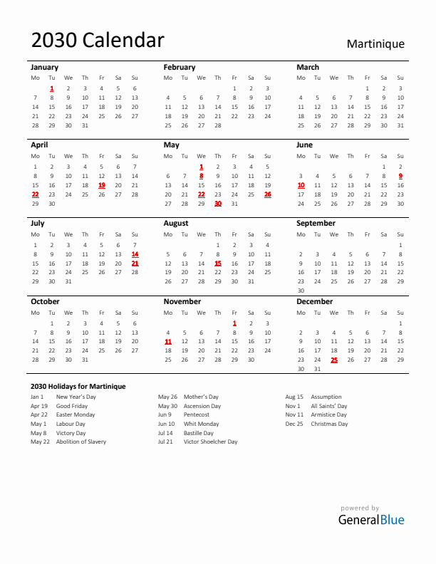 Standard Holiday Calendar for 2030 with Martinique Holidays 
