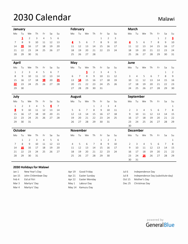 Standard Holiday Calendar for 2030 with Malawi Holidays 
