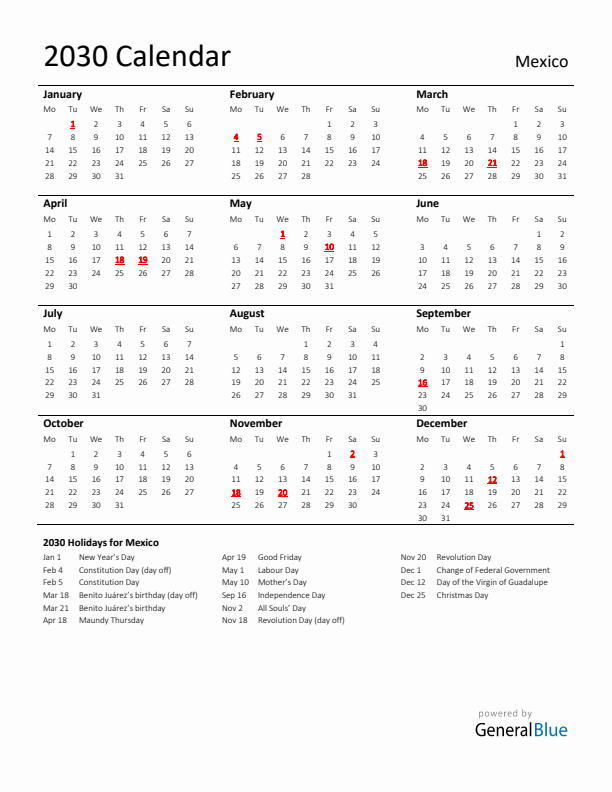 Standard Holiday Calendar for 2030 with Mexico Holidays 