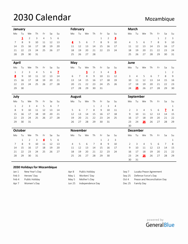 Standard Holiday Calendar for 2030 with Mozambique Holidays 