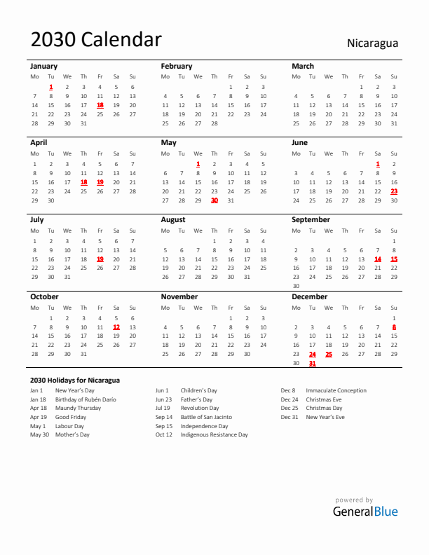 Standard Holiday Calendar for 2030 with Nicaragua Holidays 