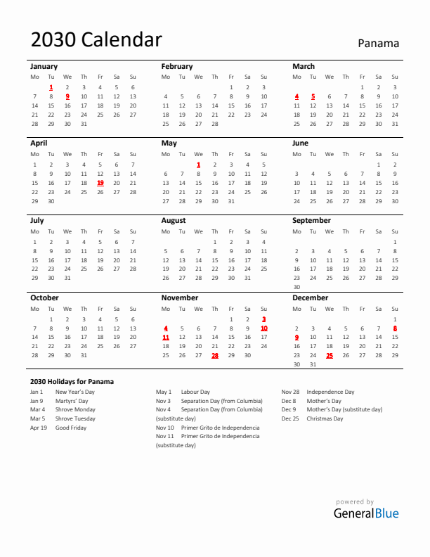 Standard Holiday Calendar for 2030 with Panama Holidays 