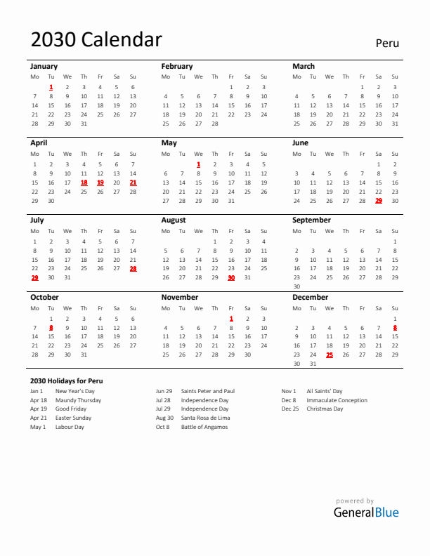 Standard Holiday Calendar for 2030 with Peru Holidays 